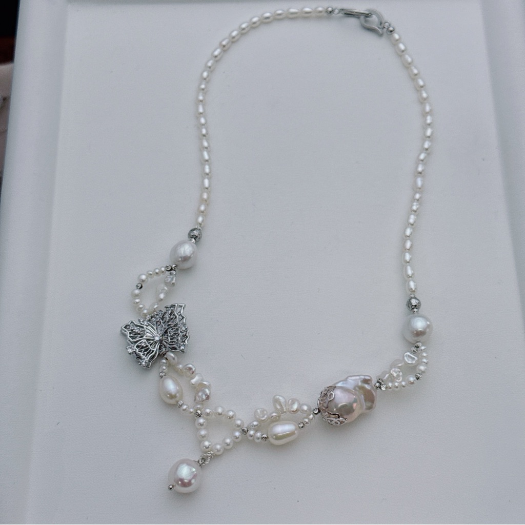 X766 Handmade Freshwater Baroque Pearls Butterfly Necklace